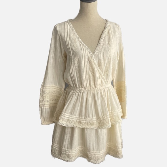 American Eagle Outfitters Dresses & Skirts - American Eagle Wrap Front Boho Tiered Embroidered Cream Mini Dress Medium
